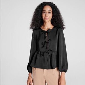 A New Day Ballon Long Sleeve Tie Front Blouse